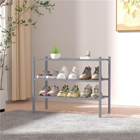 3 Tier Bamboo Shoe Rack Stackable Wood Shelf Organizer for Closet Entryway - Picture 2 of 8